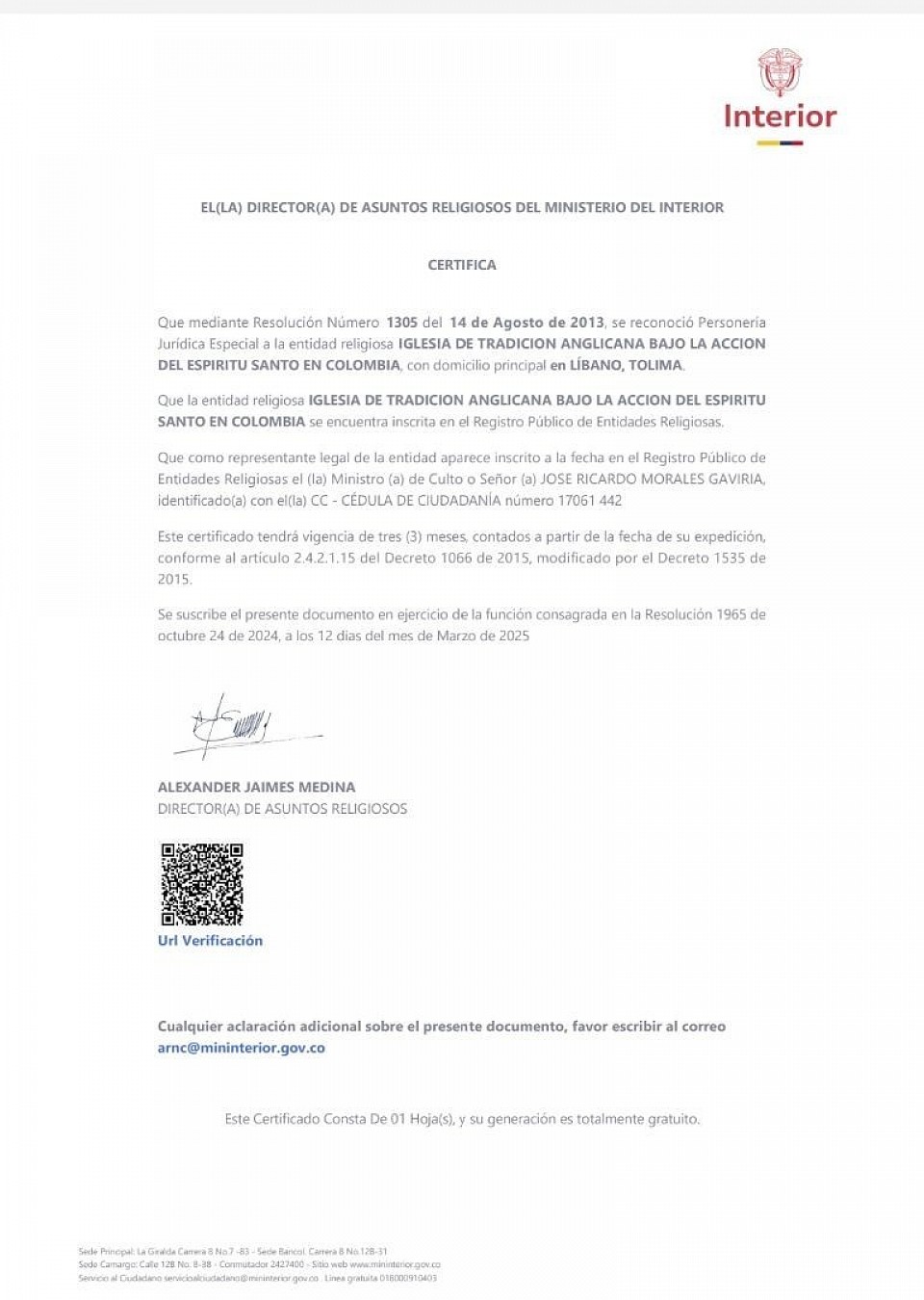 MINISTERIO DEL INTERIOR ASUNTOS RELIGIOSOS